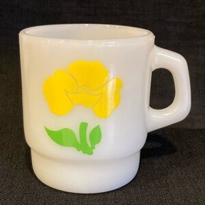 Fire King Stacking Mug Foxy Flower Yellow Poppy Milk Glass Vintage